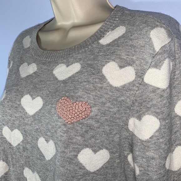 Charter club gray white hearts crew neck sweater size XXL embroidered pink heart - Picture 2 of 8